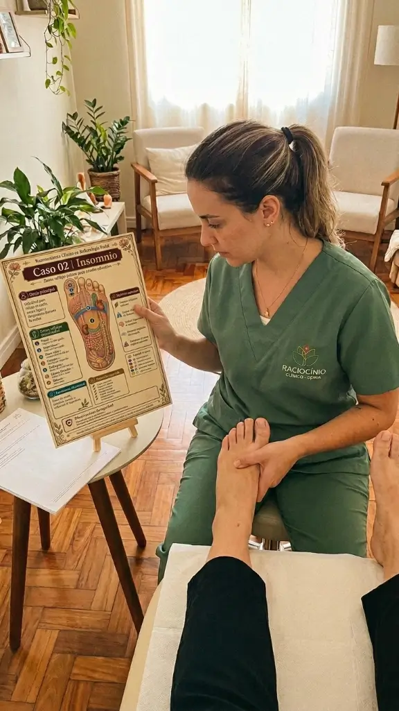 Terapeuta consultando caso de insomnio durante sesión de reflexología podal