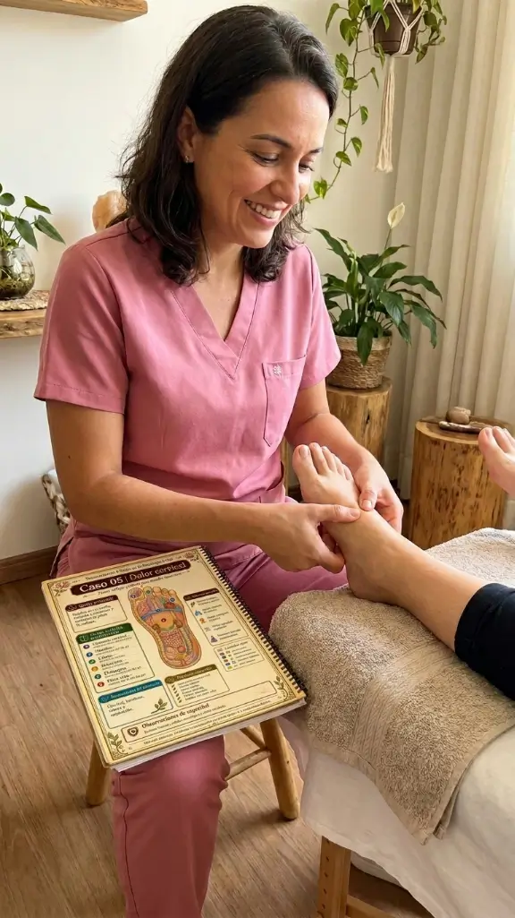 Terapeuta aplicando reflexología podal con material de dolor cervical