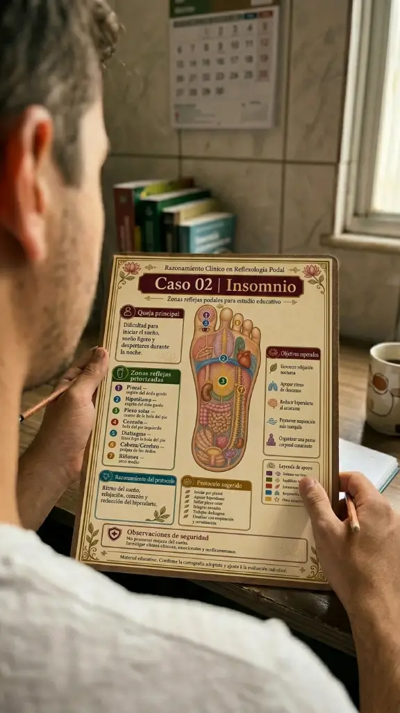 Profesional estudiando caso de insomnio en material de reflexología podal